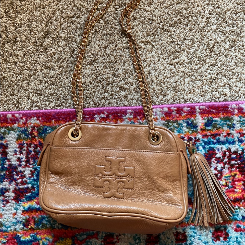 Tan/ Camel Double Chain Strap Tory Burch with Gold Accents